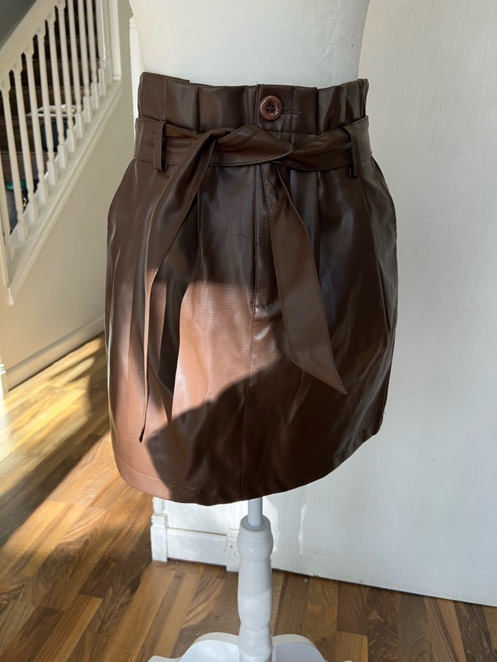 Dark Brown Faux Leather Paperbag Tie-Waist Mini Skirt, Small, Like New